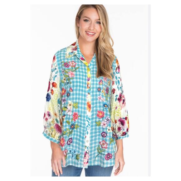 John Mark Linen Plaid Embroidered Button Up Top Sz Large Floral Artsy Boho  $139 - Picture 1 of 15